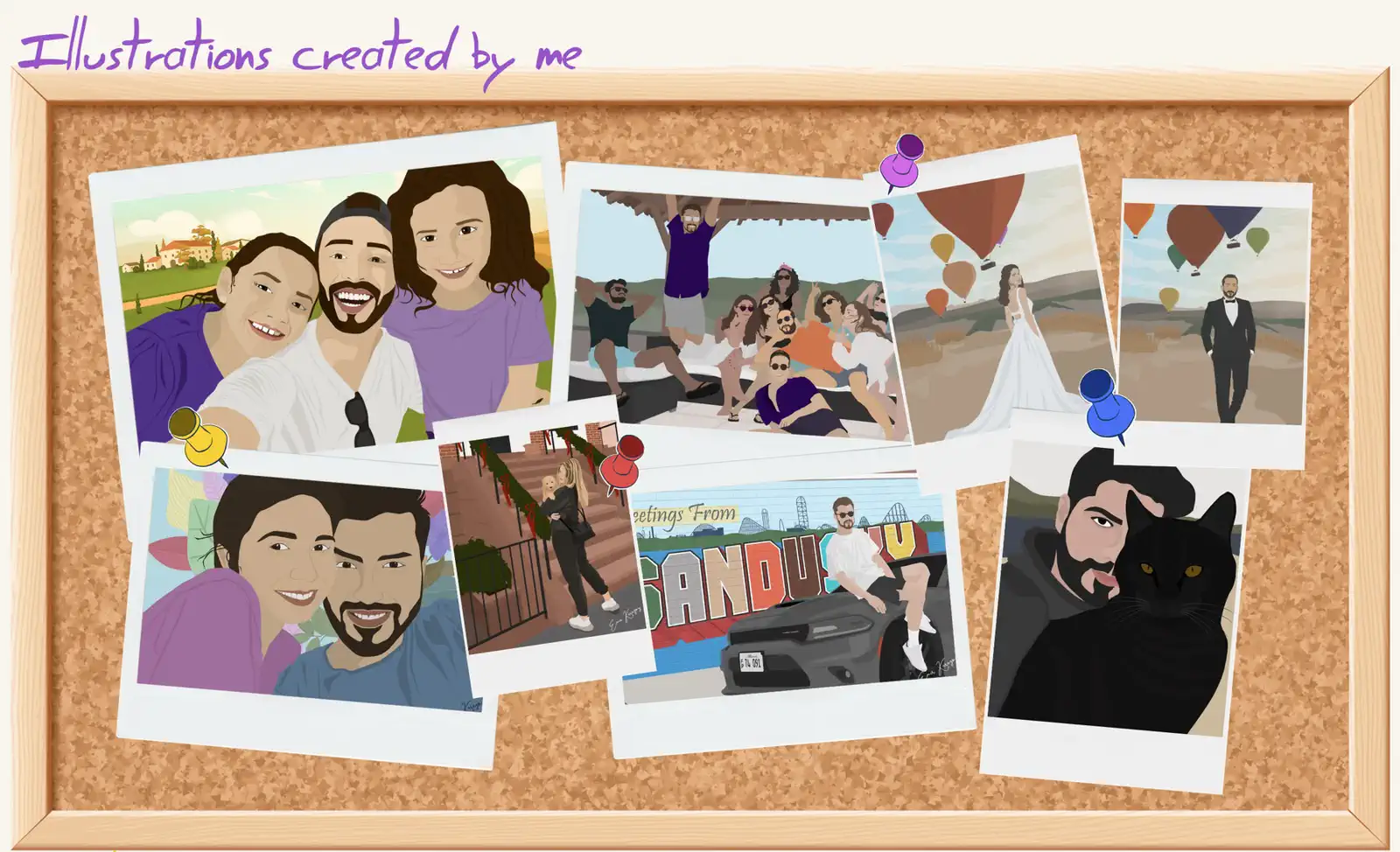 Illustrated portraits of friends and family pinned to a cork board