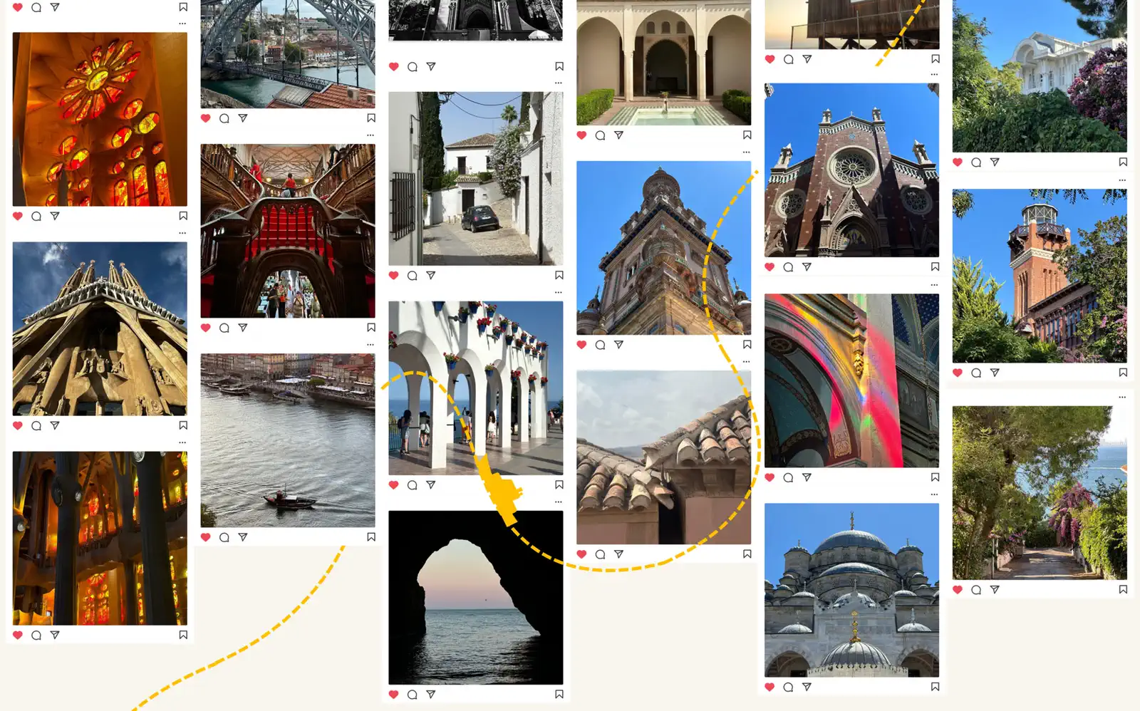 Grid of architectural photographs: cathedrals, bridges, towers, courtyards